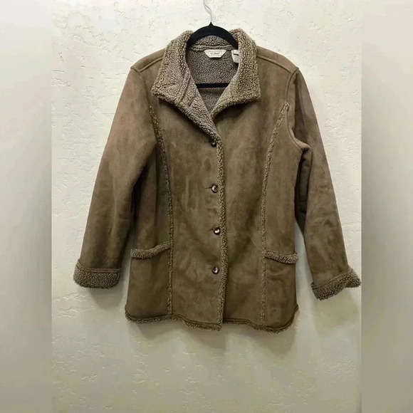 LL Bean MED Fleece Sherpa Lined Faux Suede  Jacket  y2k Winter Phoebe Buffay - Picture 1 of 7